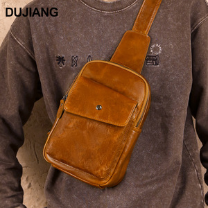 Dujiang Men's Chest <b>Bag</b> Genuine Leather Crossbody <b>Bag</b> Large Capacity Oil Waxed Shoulder <b>Bag</b> Everyday Use - Product Image 1
