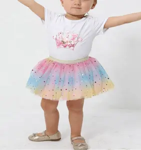 Wholesale Beautiful Shining Starts Puffy Kids Skirts 3 Layers Rainbow Sequins Tulle Tutu Skirt For Children