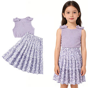Zomerjurk voor kinderen, 2-delige rokset voor meisjes, vakantie-outfits met schattige mouwloze tanktops met strik en geplooide rok met bloemenprint - Product Image 1