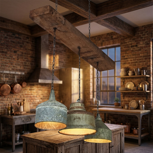 Rustic Wooden Beam Pendant Light With 3 Metal Bell Shades E26 LED Farmhouse Kitchen Island <b>Lighting</b> 2700K Warm White - Product Image 4