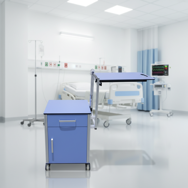 Hochey HPL Bedside Cabinet with Wheels Drawers and Pull Out Table for Patient Ward ICU Waterproof Anti Bacterial Locker