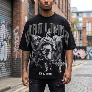 T-shirt en coton épais pour <span class=keywords><strong>homme</strong></span>, streetwear, coupe oversize, imprimé graphique vintage, motif croix graffiti noir, épaules tombantes, unisexe - Product Image 1