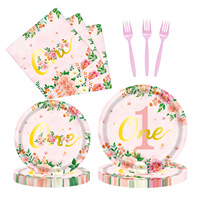 DAMAI - Kits de fournitures pour fête d'anniversaire de 1 an - Assiettes et gobelets en papier rose à bordure fleurie - Légers - 250 g - Zhejiang Chine