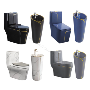 Ensemble de toilettes en céramique sanitaire en marbre noir avec bordure dorée, lavabo <span class=keywords><strong>colonne</strong></span> de luxe - Product Image 5