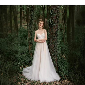Champagne A-Line Tulle Wedding Dress Sweetheart Neckline Straps Natural Waistline Simple Forest Inspired Design - Product Image 4