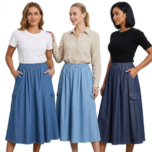 Jupe plissée mi-mollet décontractée taille empire style coréen chic 2025 pour femme en denim respirant uni teint pour toutes les saisons - Product Image 2