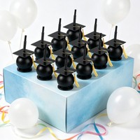 Gobelet en plastique noir en forme de toque de graduation avec paille, décoration de fête, pompon doré, vente en gros