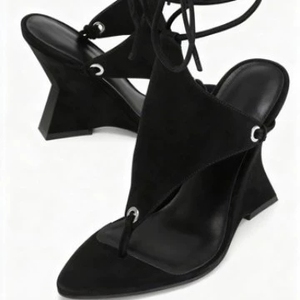 Sandalias de tacón de cuña personalizadas de moda para mujer, con punta en pico, con correa de encaje, sandalias de tacón alto de gamuza - Product Image 6