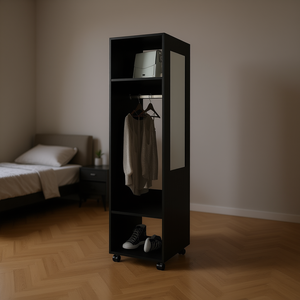 Armario Negro de 63 Pulgadas de Alto con 3 Estantes, 1 Espejo, 4 Ruedas y Puerta Corredera, Mueble Moderno para Dormitorio - Product Image 2