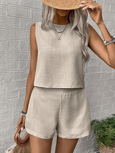 Costume décontracté pour femmes élégant <span class=keywords><strong>en</strong></span> <span class=keywords><strong>lin</strong></span> de couleur unie sans manches court deux pièces pour les vacances quotidiennes - Product Image 3