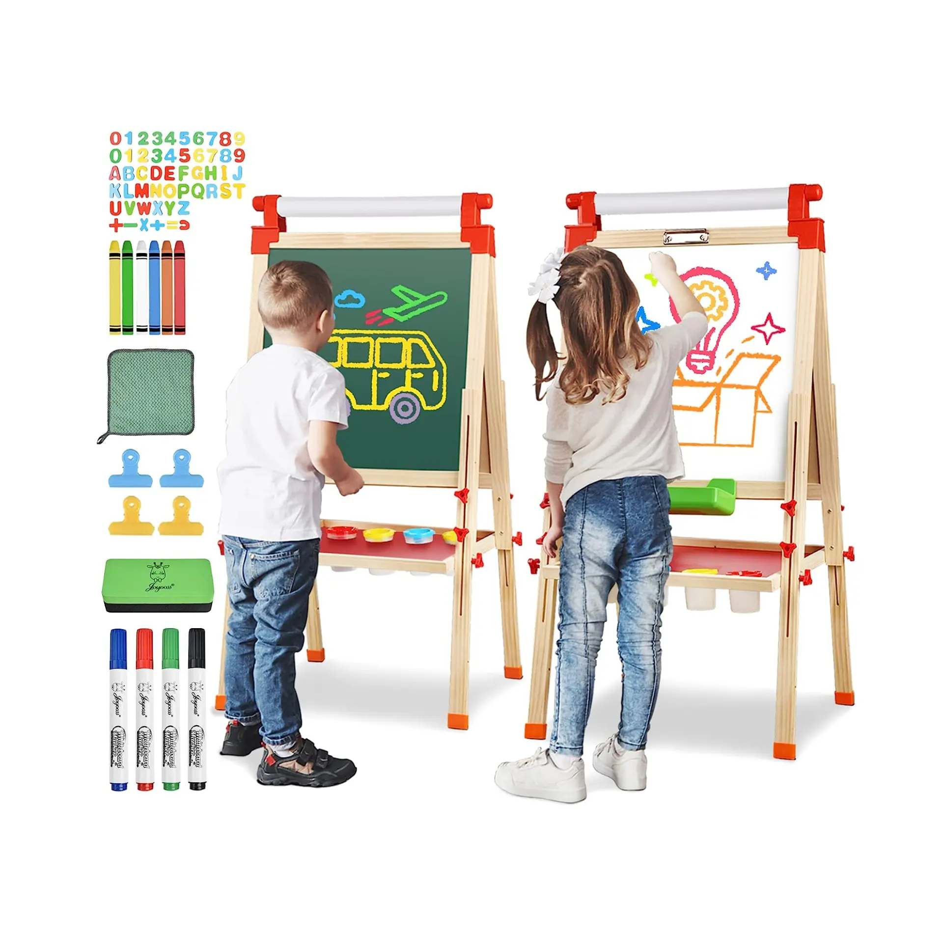 Juguetes para niños, tablero de dibujo de doble cara, pizarra blanca, caballete de madera para niños con letras adicionales para niños, dibujo de pintura
