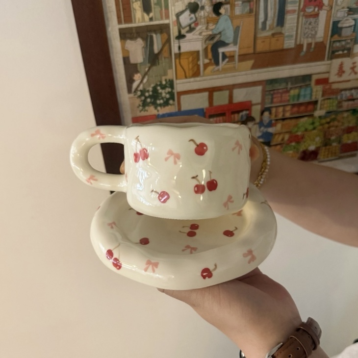 White-Cherry bow  320ml cup 15.5cm dish
