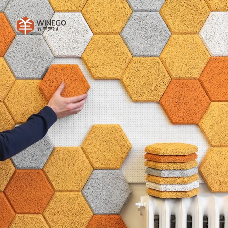 Panel de pared acústico de fibra de lana de madera hexagonal de cemento inorgánico insonorizado decorativo para interiores