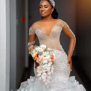 2025 New Luxury Lace up Vintage Eco-Friendly 2 1 Pearl Mermaid Beaded Flower Sequin Wedding <b>Gown</b> Detachable Train Floor-Length - Product Image 2