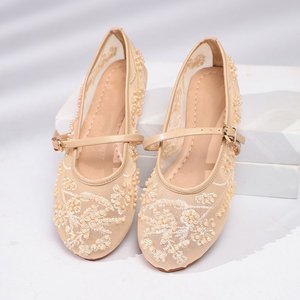 Chaussures plates en maille brodée avec perles, à bride unique et boucle, bout rond, pour robe de mariée - Product Image 4