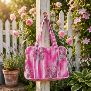 Handicraftofpinkcity Bohemian Solid Color Cotton <b>Canvas</b> Tote Bag Elegant Floral Prints Zipper Closure Spacious Design - Product Image 2