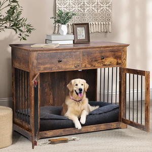 OEM & ODM Antique Color Steel Wood Dog Crate Furniture Standing Type Dog <b>Cage</b> with Drawers and Cleaning Tools - Product Image 4