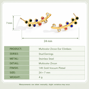 Boucles d'oreilles Ear Climber multicolores en zircon, en acier inoxydable plaqué or 14K sous vide, bijoux à clous incurvés - Product Image 3