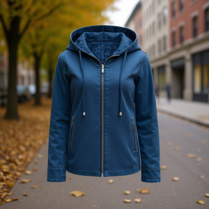 Giacca in Denim con Cappuccio da Donna, Reversibile con Zip Frontale, Taglie M-3XL, Cappotto, Capospalla - Product Image 2