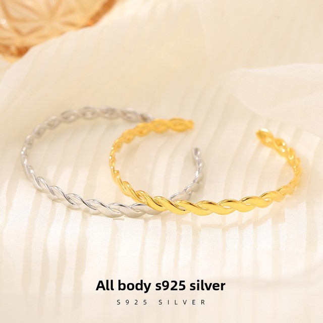 925 Sterling Silver C-Shaped Adjustable Bracelet Simple Personality Braided Design European American Retro Niche Fine Bangle
