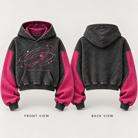 Sweat-shirt à capuche court personnalisé à blocs de couleur avec motif abstrait courbé, effet délavé, pour femme, style streetwear