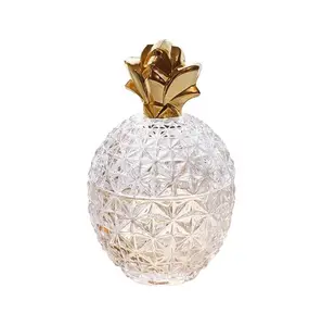 Custom Color 6oz Luxury Empty Glass White Crystal Shaped Pineapple Candle Jars With Lid