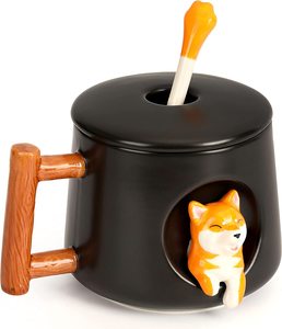 14oz dễ thương <span class=keywords><strong>Shiba</strong></span> <span class=keywords><strong>Inu</strong></span> 3D động vật gốm cốc cà phê gỗ xử lý bao gồm Cốc nắp muỗng cho trà sô cô la cappuccino - Product Image 6