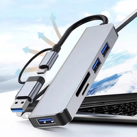 Hub USB Multi Port 5-in-1 Aluminium, Adaptor USB Tipe C Dual Head, Pembaca Kartu SD TF Terintegrasi, Splitter USB Portabel