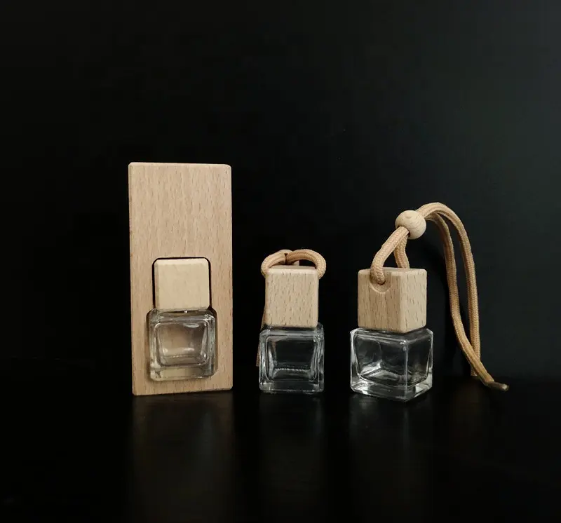 New square 5ml hanging car air freshener car perfume bottle with wooden cap