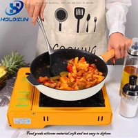 Spatule de cuisine noire résistante à la chaleur avec logo personnalisé, spatule en silicone pour wok avec revêtement en bois, manche en acier inoxydable