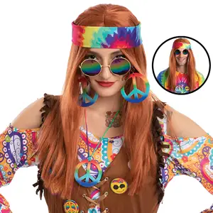 Déguisement <span class=keywords><strong>Hippie</strong></span> pour adulte 60/70/80s, 7 pièces, ensemble d'accessoires, perruques de carnaval - Product Image 1