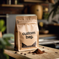 Sac plat en papier kraft imprimé personnalisé avec fermeture éclair refermable et valve, pour l'emballage de grains de café et de thé, avec fenêtre transparente