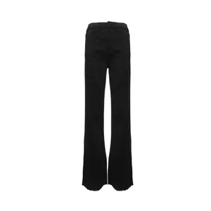 Cutting black stretch zipper fly metal button mid- waist pockets long length flared jeans women's flared pants