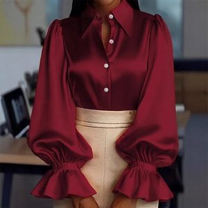 <span class=keywords><strong>Chemisier</strong></span> en satin uni à <span class=keywords><strong>manches</strong></span> <span class=keywords><strong>bouffantes</strong></span> et revers crantés pour <span class=keywords><strong>femme</strong></span> – Nouvelle tendance de bureau, vente en gros - Product Image 2
