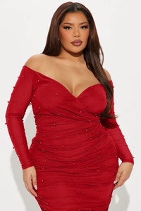 Vestido midi rojo con hombros descubiertos, manga larga, fruncido, con detalles de perlas, ajustado, de malla, para cóctel, graduación, invitada de boda - Product Image 4