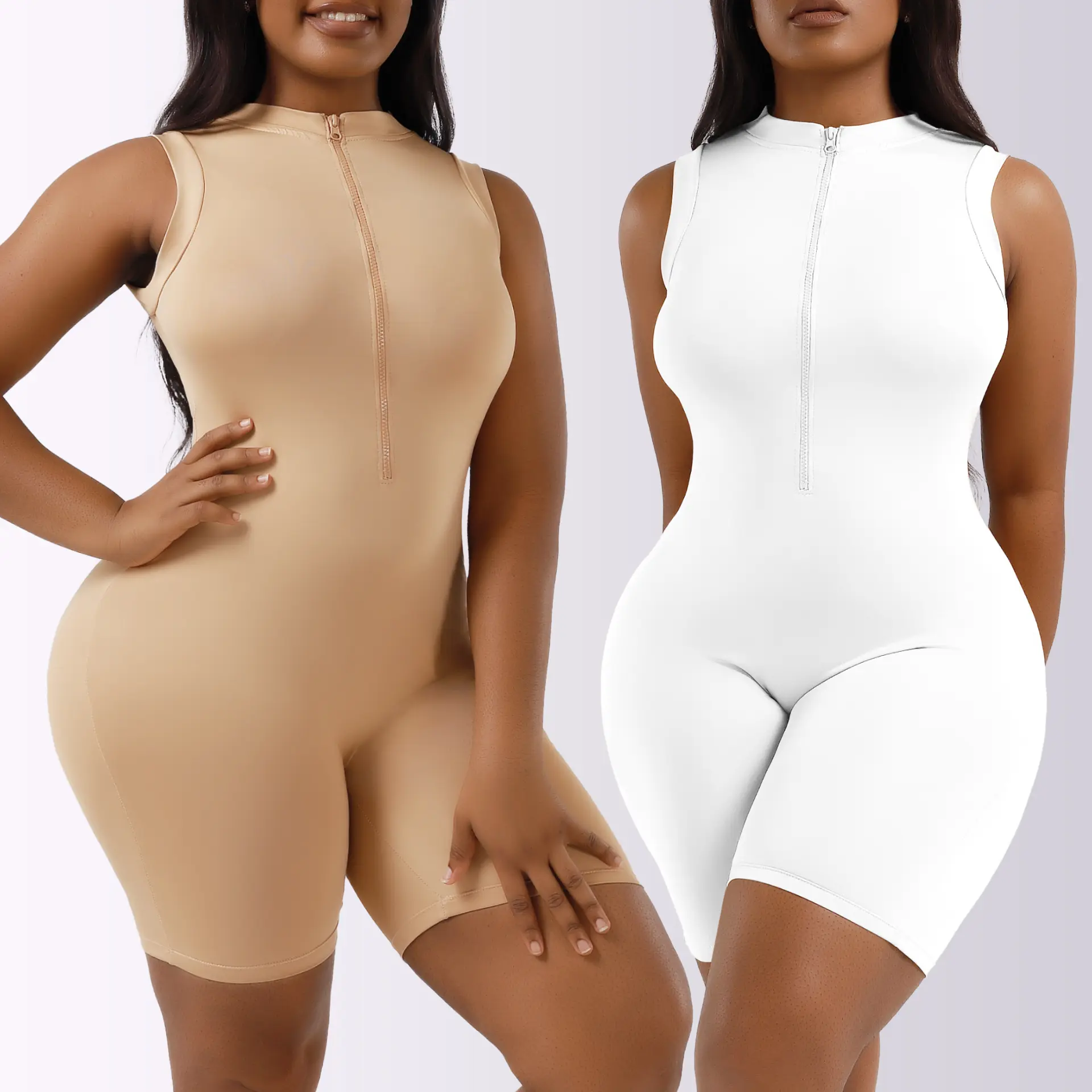 Plus Size Round Neck Sleeveless Jumpsuits Solid Color Zipper Closure Shaping Bodycon Sexy Full Body Shapewear Bodysuit For Women