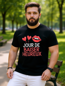 Camiseta de algodón puro para hombre, estampado de labios rojos con frase de beso francés, cuello redondo informal, manga corta, regalo del Día de San Valentín - Product Image 2