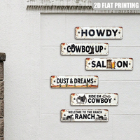 Letrero Metálico Largo Estilo Vaquero del Oeste Blanco con Gráficos de Saloon y Rancho, Decoración de Pared para Porche de Casa de Campo