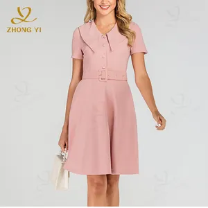 New Sweet V Neck Chiffon Solid Color Business Clothing Midi Dress Women Short Sleeve Office Elegant Summer Casual Dresses