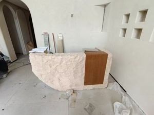 Natural Stone Look <b>Reception</b> Desk, Modern Wabi-sabi Style Front <b>Counter</b> with Irregular Rock Texture for High-end Spa and Salon - Product Image 5
