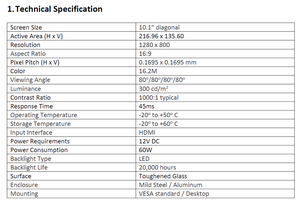 จอแสดงผลอุตสาหกรรมขนาด 10.1 นิ้ว HDMI LED ความละเอียด 1280 x 800 TFT LCD ตัวเรือนโลหะ รองรับการติดตั้งแบบ VESA - Product Image 2