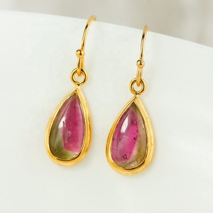 Gold Plated 925 Silver Pear Cut Bi Color Tourmaline Dangle Earrings、Watermelon Tourmaline Earrings - Product Image 1