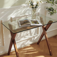 Plateau en verre trempé et cadre entrecroisé en bois bureau à installation rapide table d'ordinateur de bureau à domicile