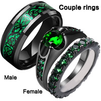 8mm Dragon Motif En Acier Inoxydable Couple Anneaux Exquis Coeur Strass Zircone Anneaux Ensemble pour Mariage Fiançailles Bijoux