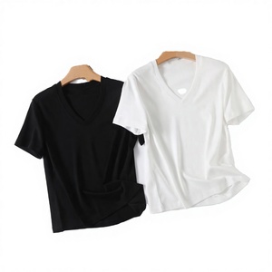 Camiseta de Manga Corta con Cuello en V para Mujer, Color Sólido, 100% Algodón, Tejido de Punto, Casual, Transpirable, Corte Regular, para Todas las Temporadas - Product Image 2