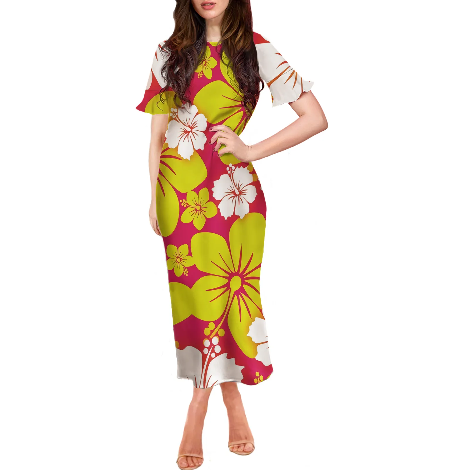 Vestido longo poliéster estilo tribais, vestido feminino estampa personalizada de hibisco manga curta casual