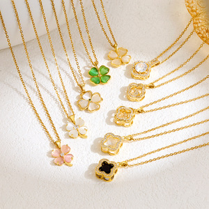 Conjunto de Collar con Colgante de Trébol de Cuatro Hojas para Mujer - Opciones con Piedras Preciosas Multicolores y Detalles de Diamantes, Chapado en Oro de 18K, a la Moda - Product Image 1