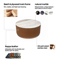 Meja Kopi Bulat Kayu Solid Modern Mewah dengan Pelapis Kulit Asli dan Aksen Logam untuk Ruang Tamu Villa Perabot Rumah