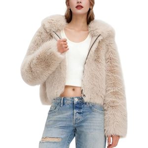 Abrigo de piel sintética para mujer, corto, con capucha, chaqueta de invierno con cremallera, frente abierto, cálido, con bolsillos - Product Image 1
