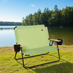 Chaise de camping pliable double portable en tissu Oxford vert avec accoudoirs en bois et porte-gobelet pour extérieur, plage et jardin - Product Image 2